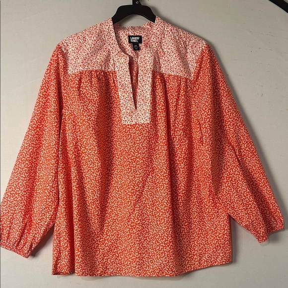 Lands' End Tops - Lands' End Women's Long Sleeve Orange Floral V-Neck Top Tunic 100% Cotton Sz  2X